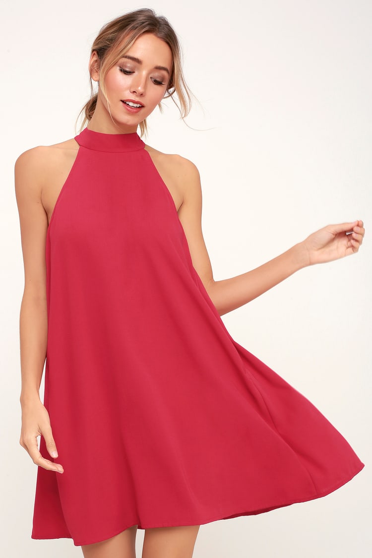 Cute Berry Red Dress - Halter Swing Dress - Sleeveless Dress - Lulus