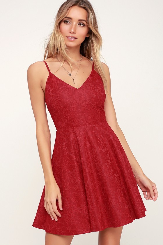 Chic Red Dress Skater Dress Lace Dress Red Lace Dress Lulus 0291