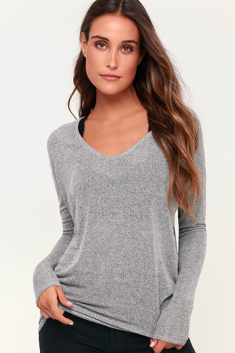 Cute Grey Sweater Top - V-Neck Sweater - Knit Sweater Top - Lulus