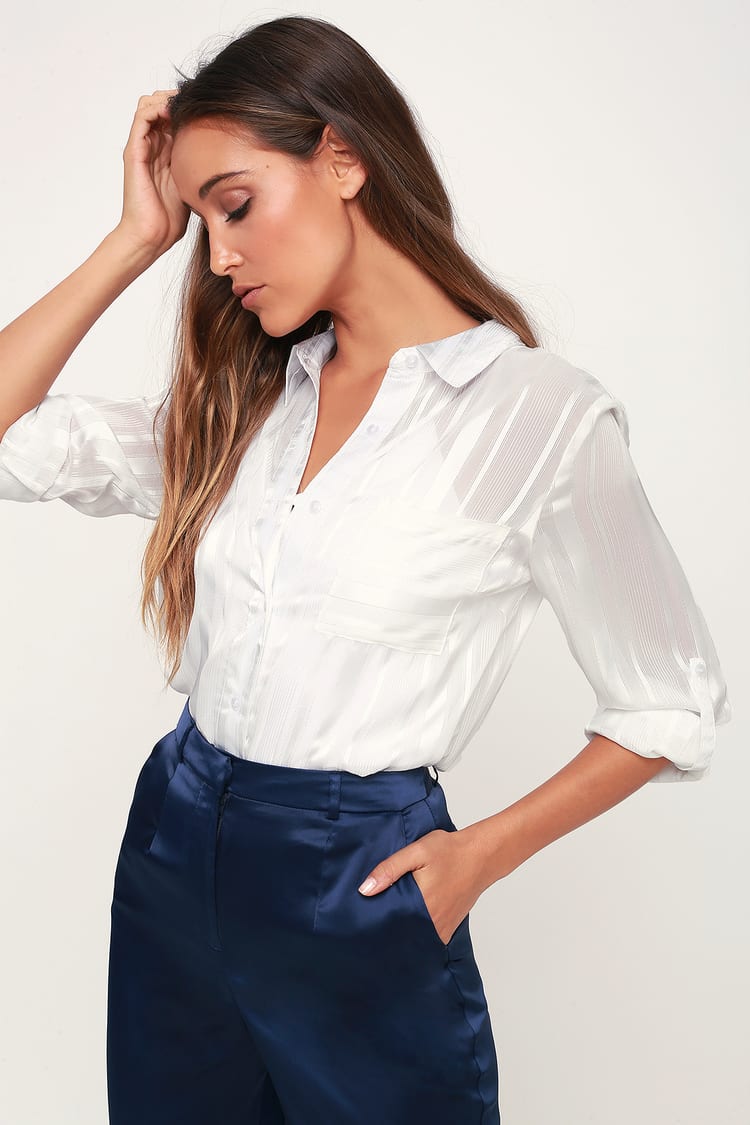 Chic White Top - Sheer Striped Top - Striped Button-Up Top - Lulus
