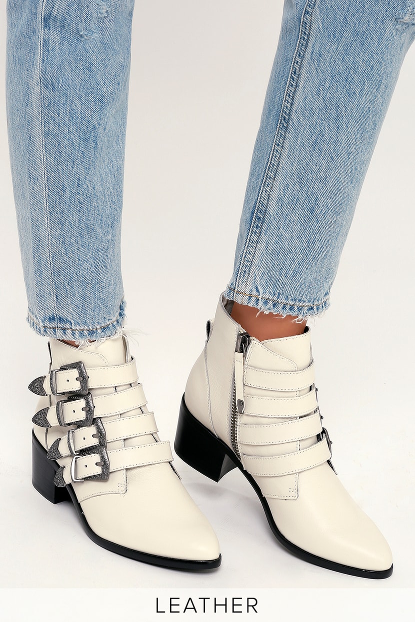 Steve Madden Billey - White Leather Boots - Belted Ankle Booties - Lulus
