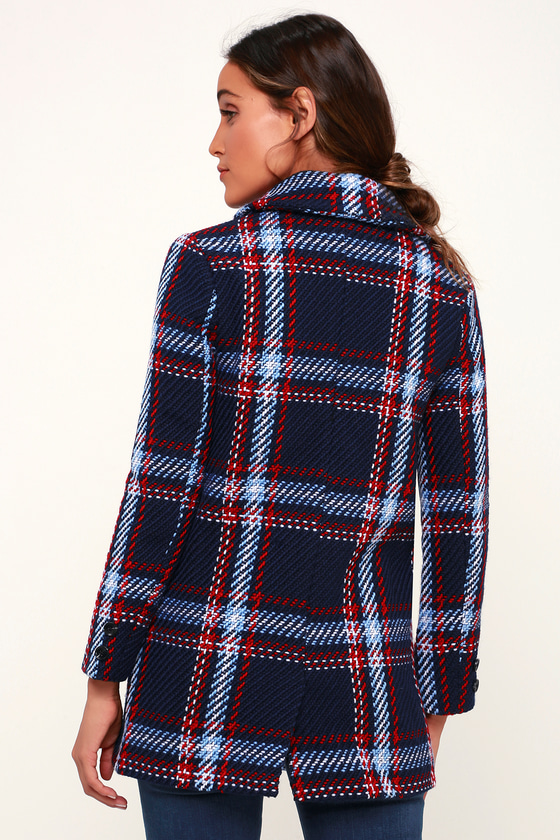 NWT English Factory Clement Navy Blue Red online Plaid Knit Coat - size Small