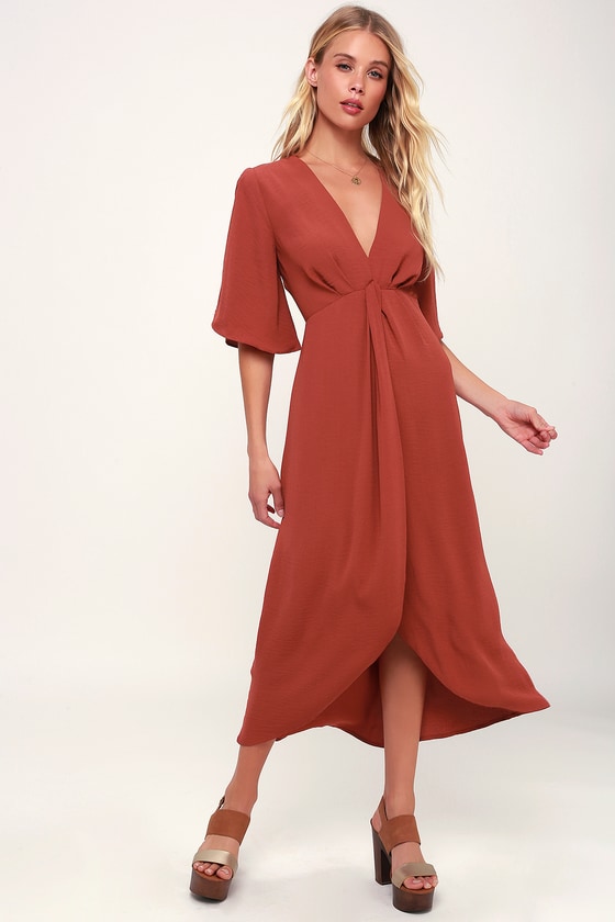 Rust Red Dress - Midi Dress - Split Sleeve Dress - High-Low Dress - Lulus