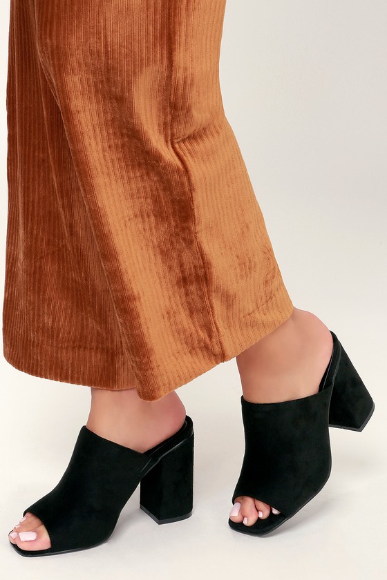 Womens Black Open Toe Sandal Mules Slide Block Chunky High Heel Peep Toe -  Black | eBay