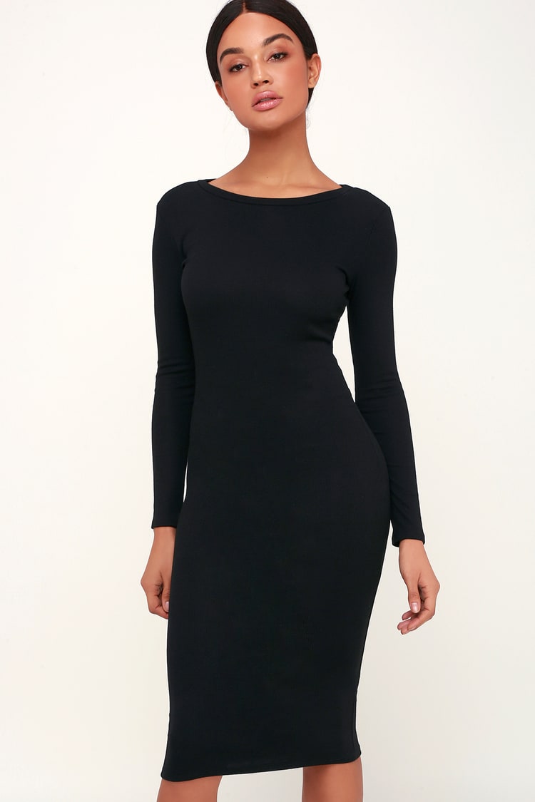 Cute Black Dress - Bodycon Dress - Midi Dress - Ribbed Dress - Lulus