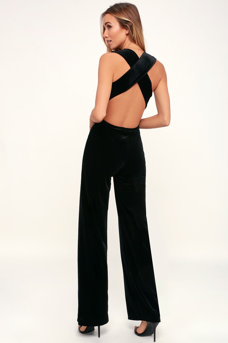 Best of Luxe Black Velvet Backless Jumpsuit