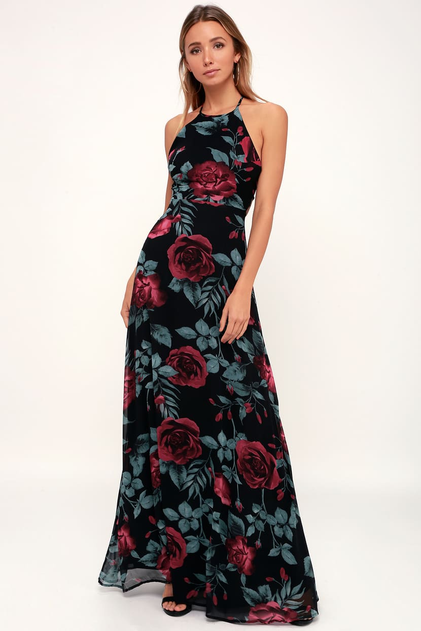 Lovely Black Rose Print Dress - Black Maxi Dress - Lace-Up Dress - Lulus