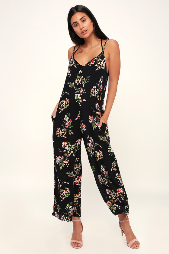 Black floral cheap print jumpsuit