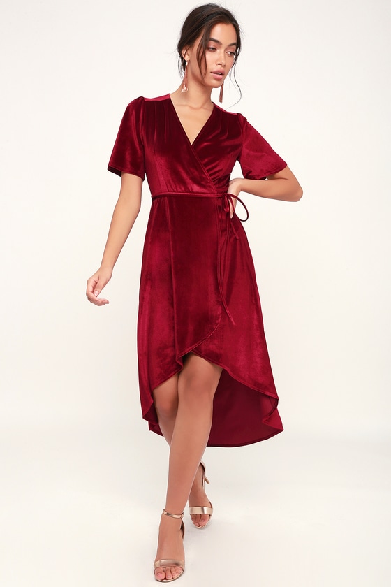 maroon velvet wrap dress