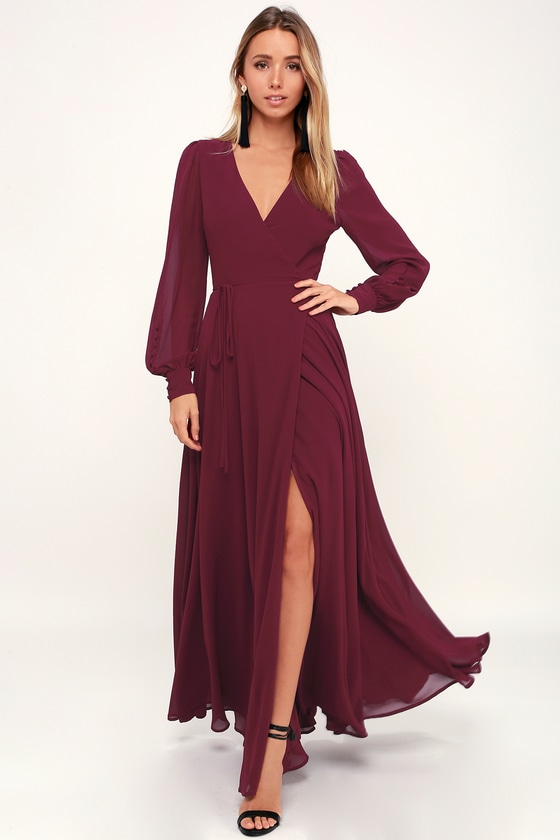 Glam Burgundy Dress - Maxi Dress - Wrap Dress - Long Sleeve Dress - Lulus
