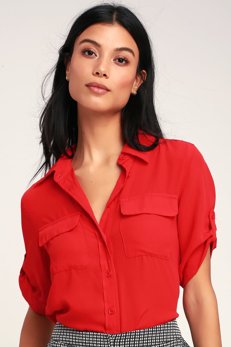 Cute Red Top - Button-Up Top - Short Sleeve Top - Red Blouse - Lulus