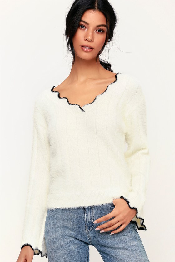 Cute Ivory Sweater - Fuzzy Sweater - Scalloped Edge Sweater - Lulus