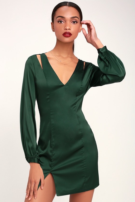 green satin long sleeve dress