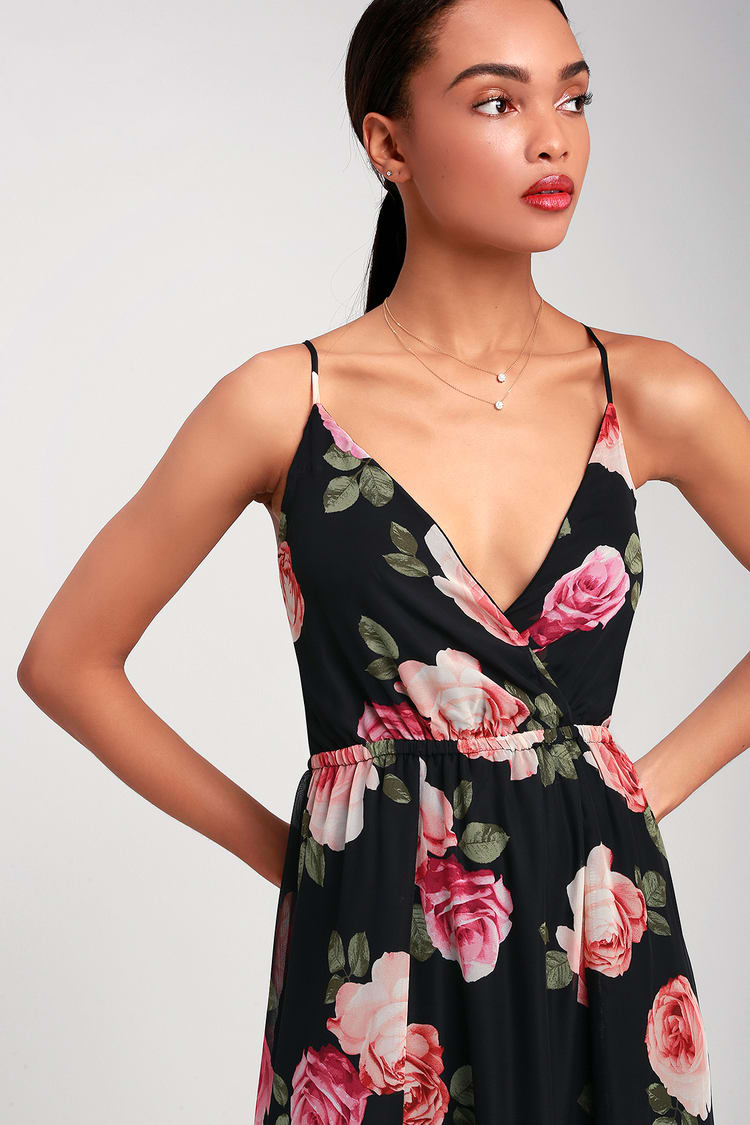 Lovely Black Rose Print Dress - Maxi Dress - Backless Maxi Dress - Lulus