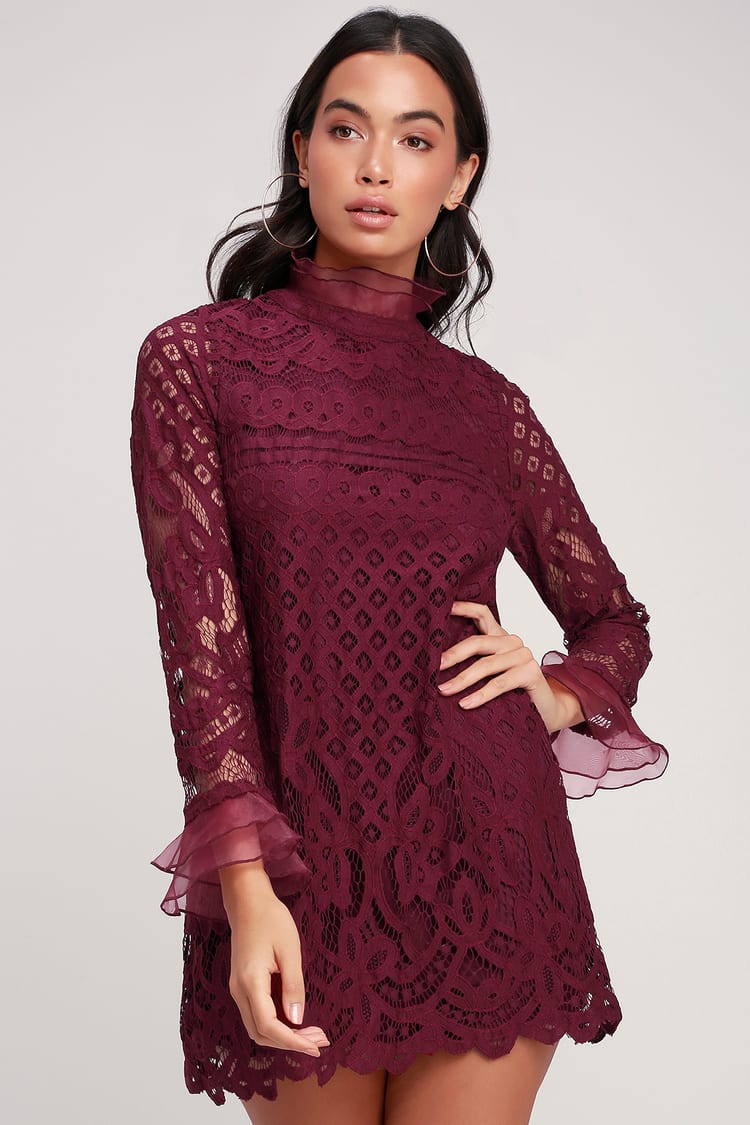 Cute Burgundy Dress - Lace Dress - Long Sleeve Dress - Shift - Lulus