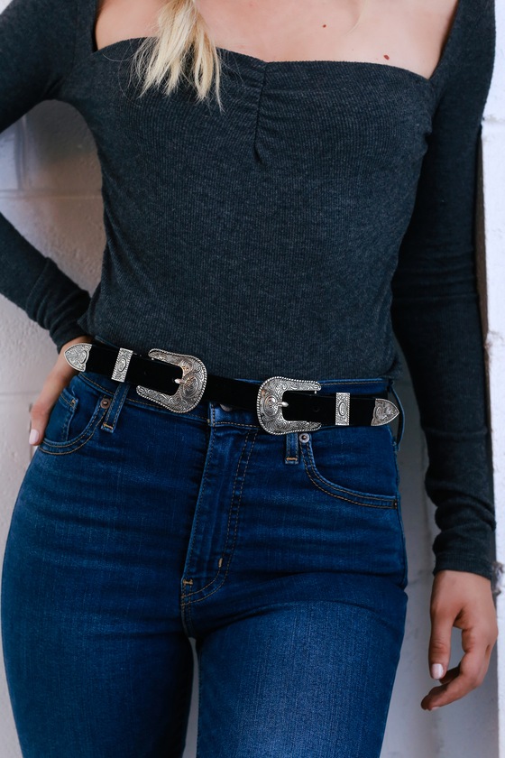 Cool Silver and Black Double Buckle Belt - Engraved Belt - Lulus