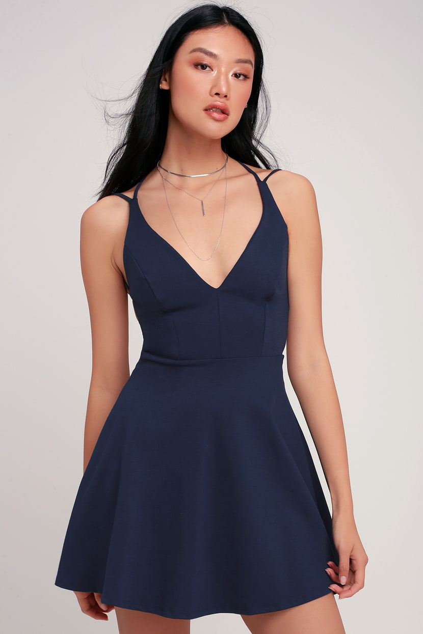 Sexy Navy Blue Dress - Backless Dress - Backless Skater Dress - Lulus