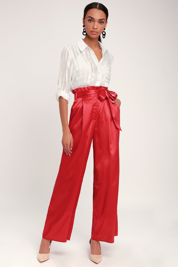 HAUTE TO TROT RED STRIPED SATIN WIDE-LEG PANTS, Petite Looloo