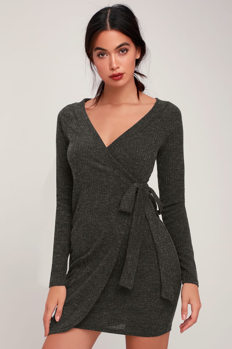 Chic Charcoal Grey Dress - Ribbed Knit Dress - Wrap Dress - Lulus