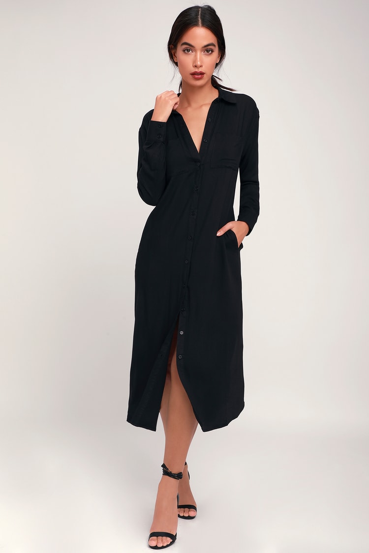 Chic Black Dress - Long Sleeve Dress - Black Midi Shirt Dress - Lulus