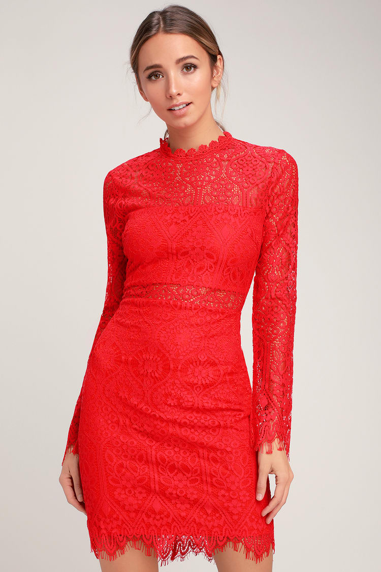 Dress Red Dress - Long Sleeve Lace Dress - Lulus