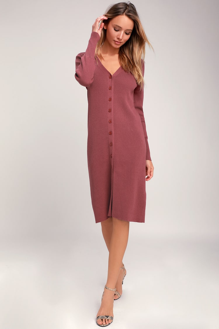 I Adore You Rusty Rose Long Sleeve Button-Up Midi Sweater Dress