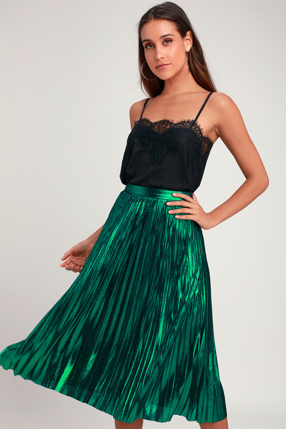 Green metallic pleated midi skirt sale