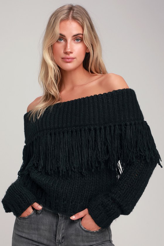 Cute Black Sweater Off the Shoulder Sweater Fringe Sweater Lulus