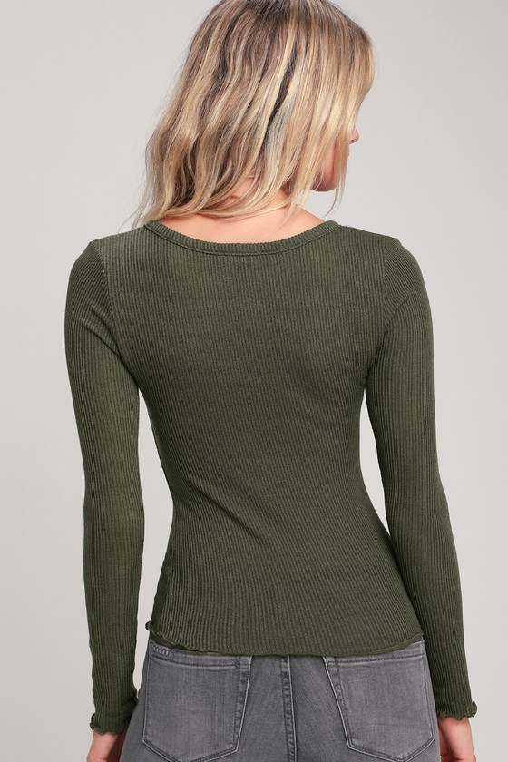 Cute Olive Green Top Long Sleeve Top Notched Top Lulus