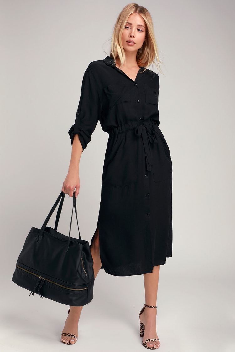 Classic Black Shirt Dress - Long Sleeve Dress - Midi Dress - Lulus