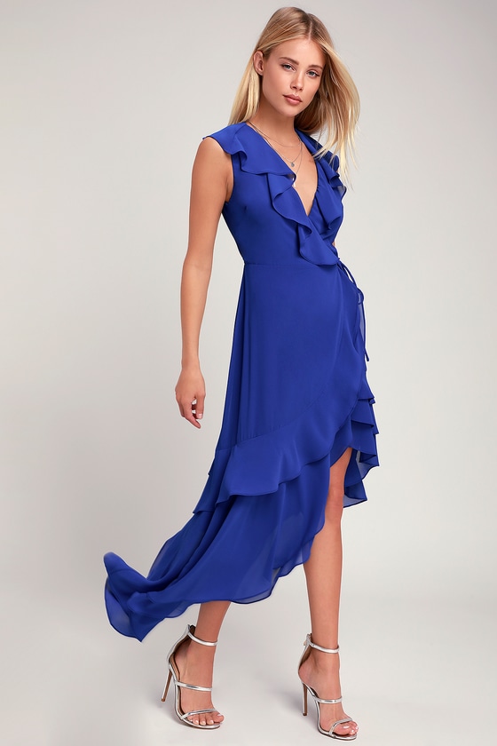 Cute Cobalt Blue Dress - Wrap Dress - Ruffled Wrap Dress - Lulus
