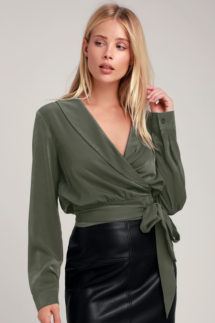Chic Olive Green Top - Satin Top - Long Sleeve Wrap Top - Lulus