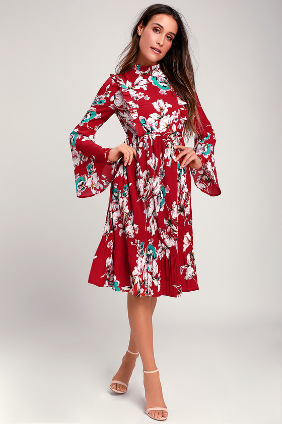 Cute Floral Print Dress Wine Red Dress Floral Midi Dress Lulus