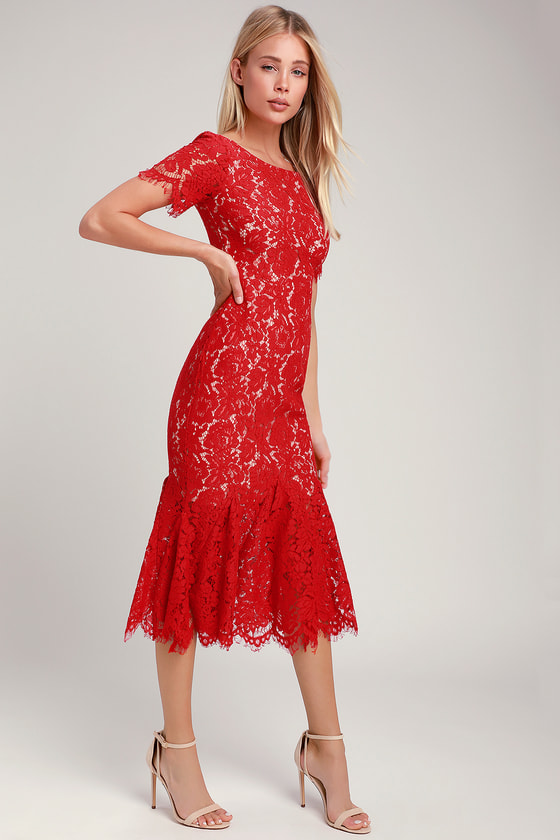 Stunning Red Dress - Red Lace Dress - Lace Midi Dress - Lulus