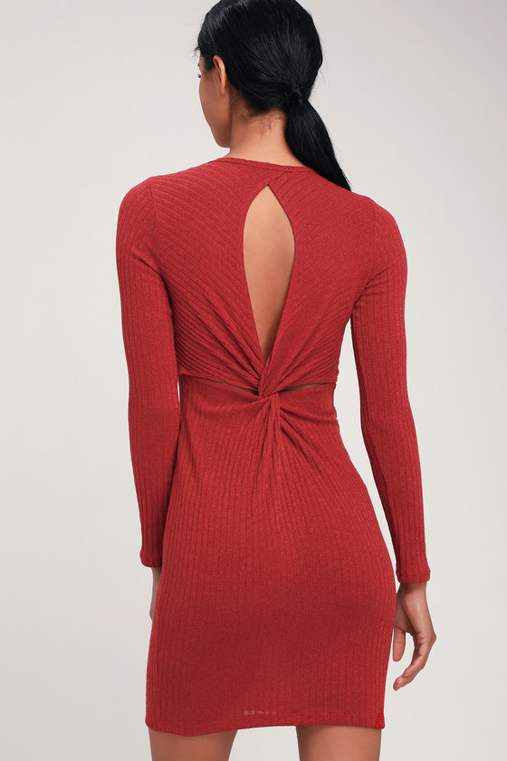 Cool Red Dress - Rust Red Bodycon Dress - Long Sleeve Dress