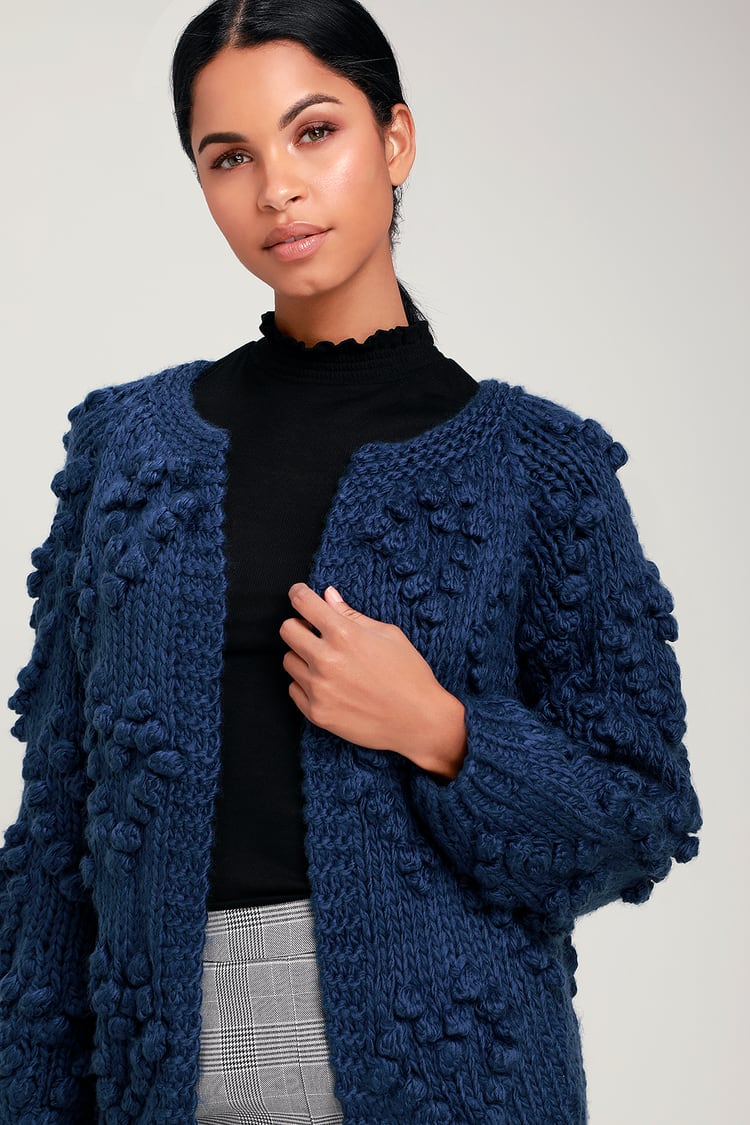 Cute Navy Blue Sweater - Cardigan Sweater - Pom Pom Sweater - Lulus