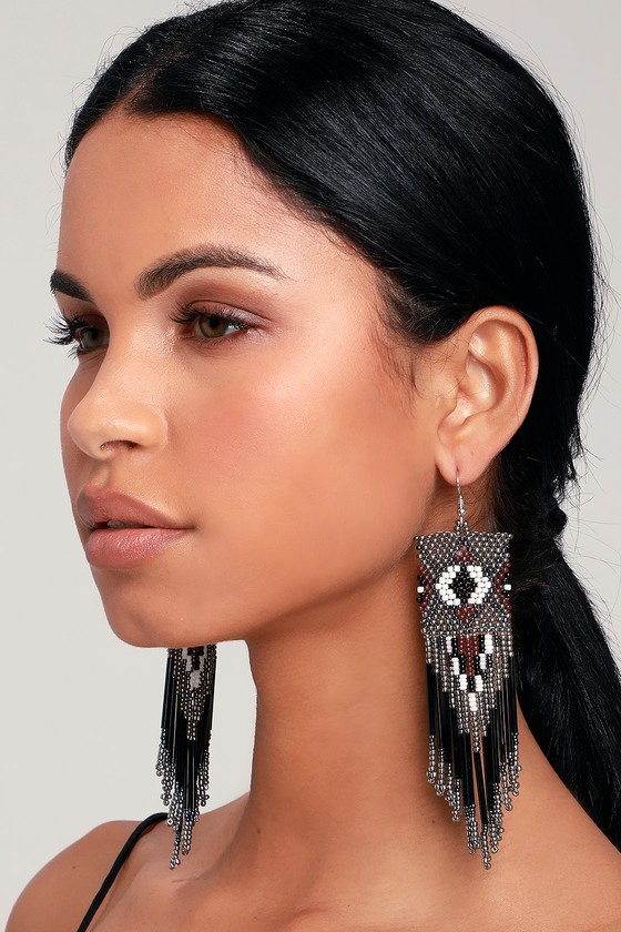 Boho Black Earrings Beaded Earrings Tassel Earrings Lulus 2482