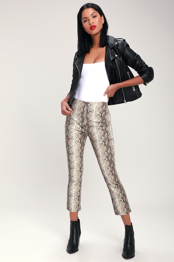 Trendy Snake Print Pants - Vegan Leather Pants - Beige Pants - Lulus