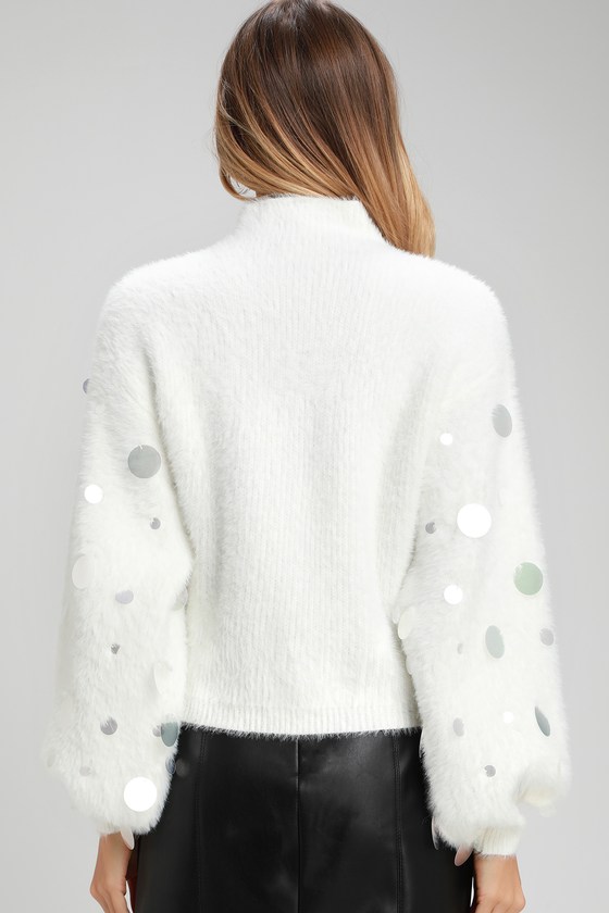 Arminta White Fuzzy Sequin Balloon Sleeve Sweater