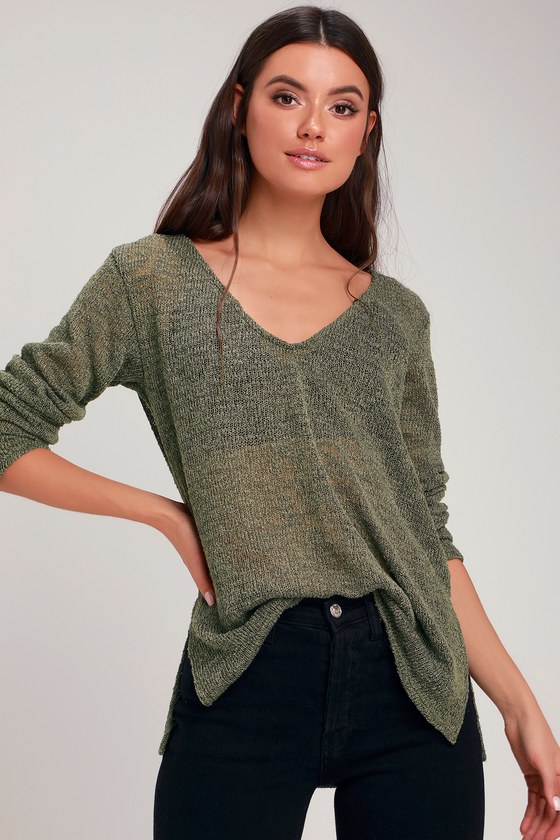 Cute Olive Green Top - Sweater Top - Loose Knit Top - V-Neck Top