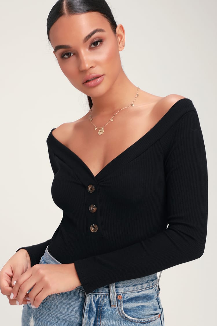Lulus Lulu's  Ravalli Black Lace Ribbed Long Sleeve Bodysuit - $35