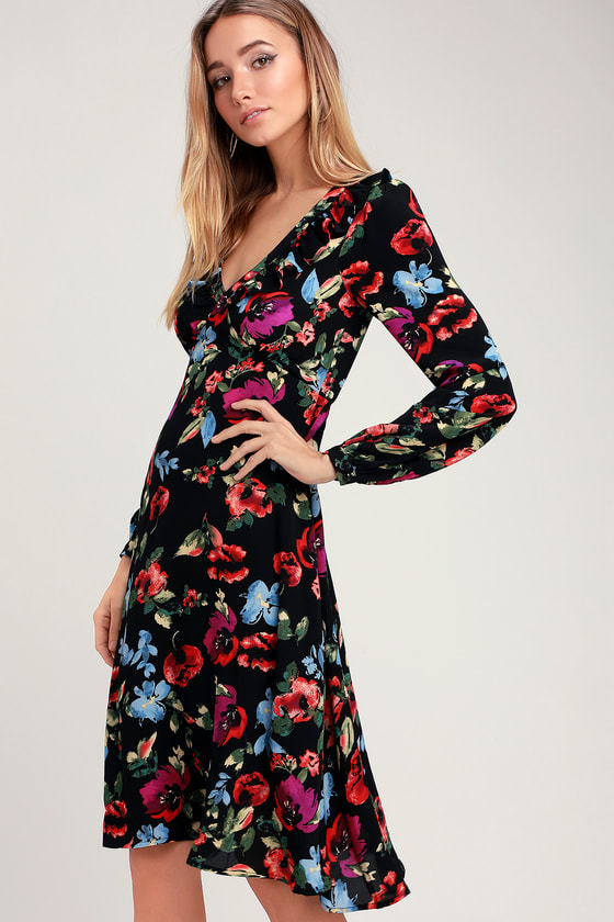 Cute Black Midi Dress Floral Print Midi Dress V Neck Dress Lulus