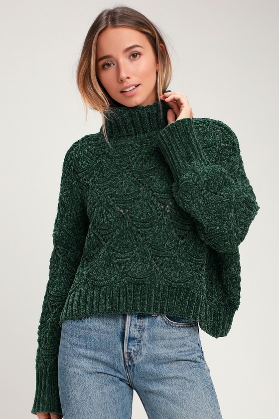 Dark Green Chenille Knit Sweater - Chenille Turtleneck Sweater - Lulus