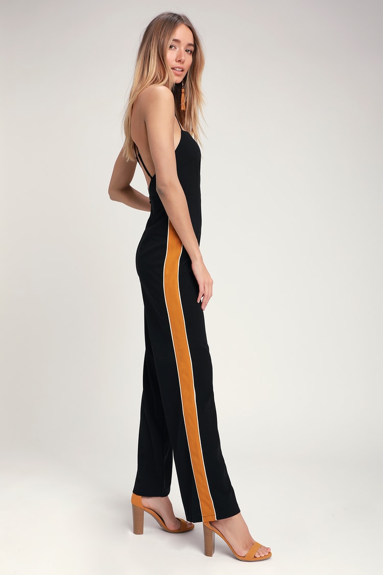 Finish Line Black and Yellow Side Stripe Jumpsuit