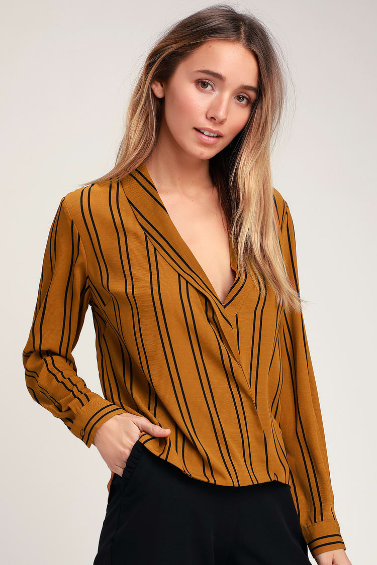 Cute Mustard Yellow Top - Striped Top - Striped Office Top - Lulus