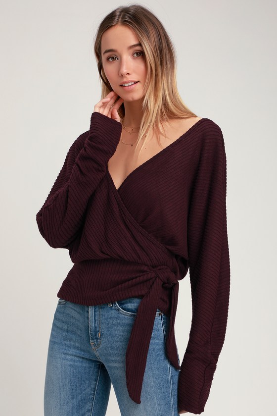 Lush Sexy Plum Purple Wrap Top Ribbed Knit Wrap Top Lulus