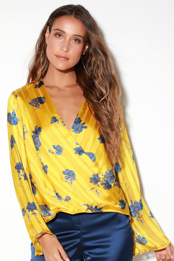 Chic Mustard Yellow Top - Floral Print Top - Surplice Top - Top - Lulus