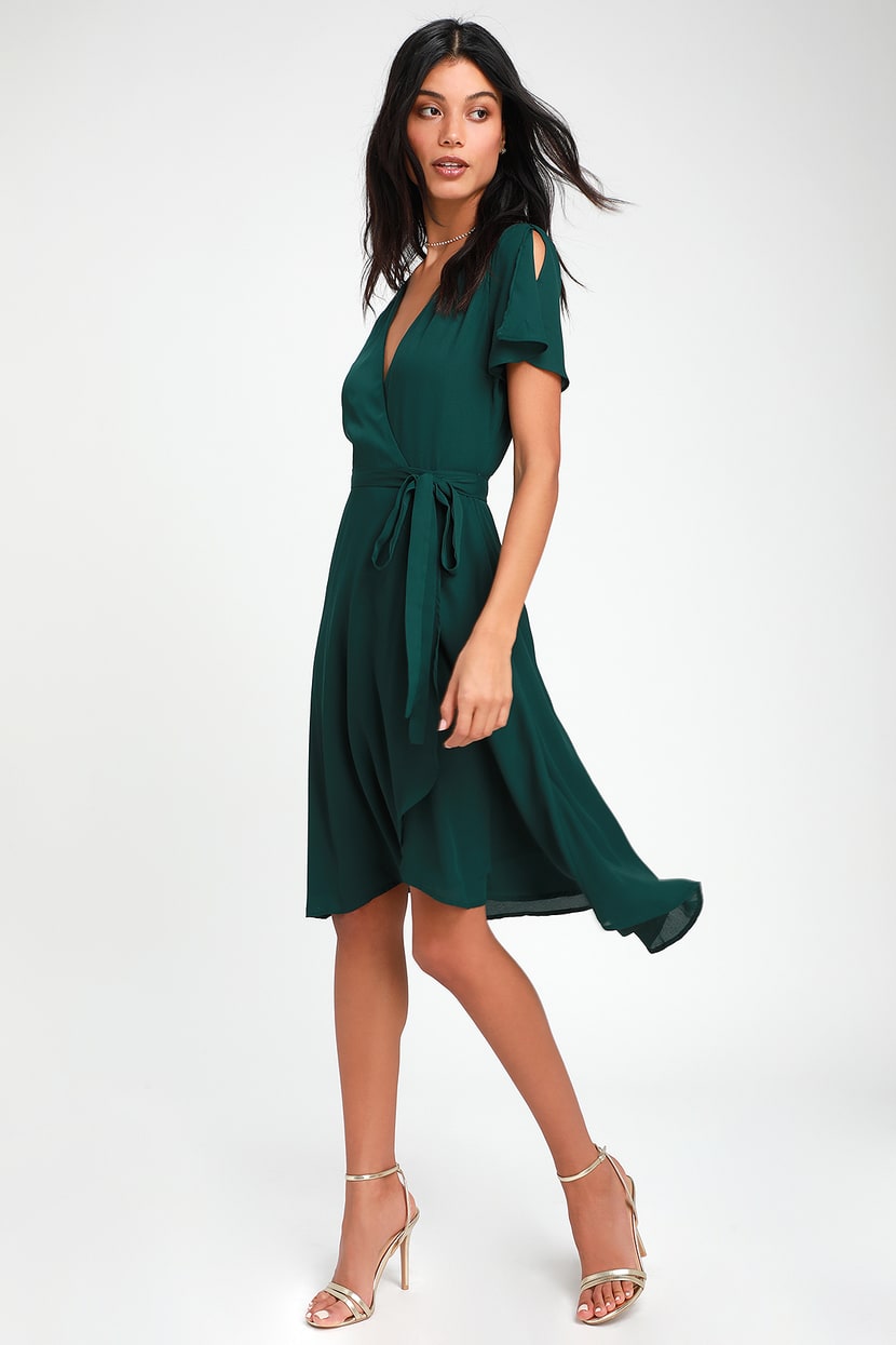 Lovely Emerald Green Wrap Dress - Midi Wrap Dress - Midi Dress - Lulus