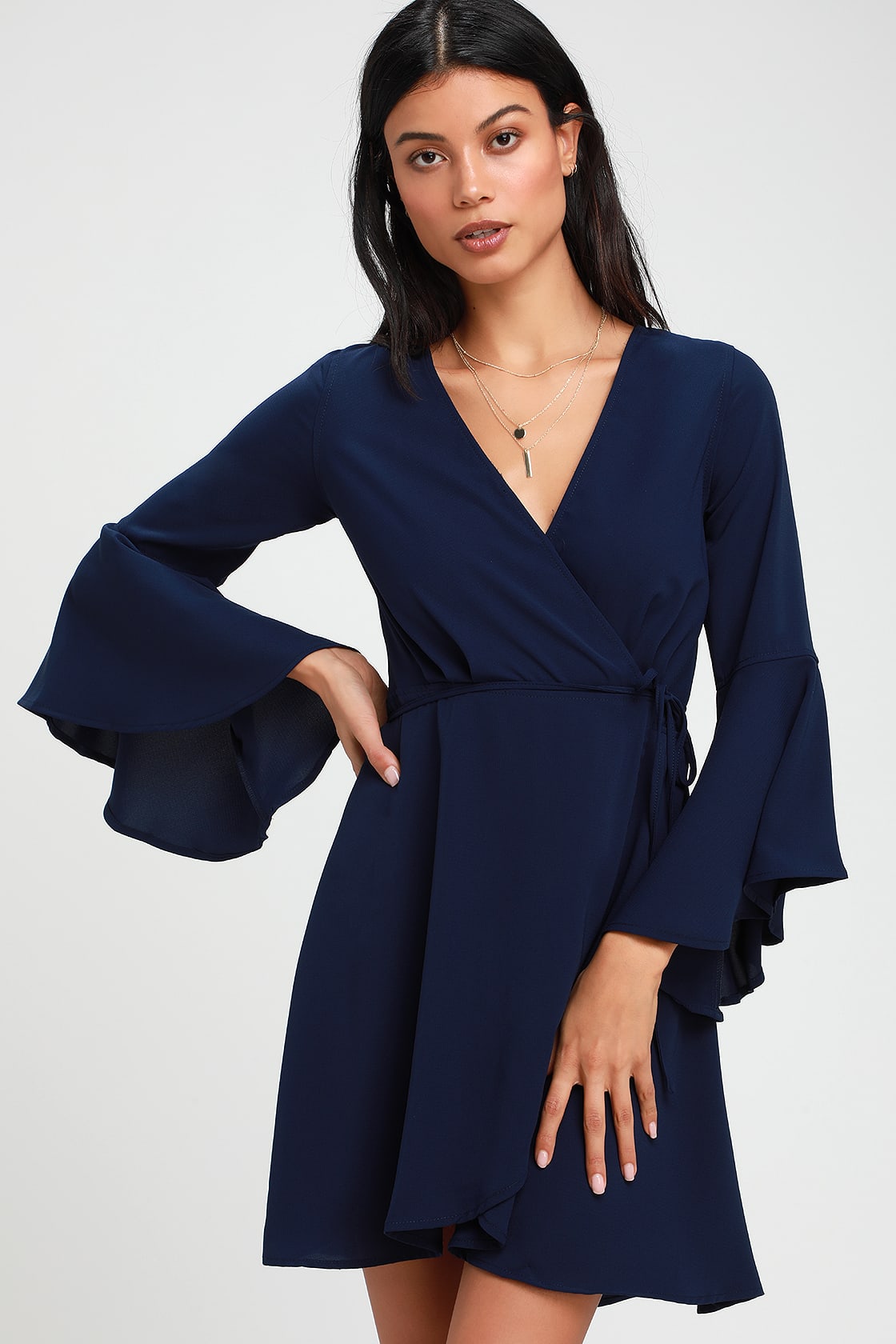 Chic Navy Blue Dress - Wrap Dress - Flounce Sleeve Dress - Lulus