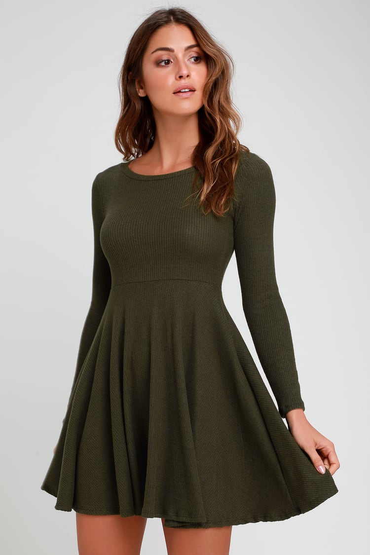 Cute Olive Dress - Long Sleeve Skater Dress - Ribbed Knit Dress - Lulus